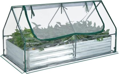 Raised Garden Bed with Cover, Outdoor Raised Planter Box Kit w/2 Large Zipper Mesh Screen Windows, Galvanized Metal Raised Bed Greenhouse for Gardening, Flowers, Vegetables (Silver)