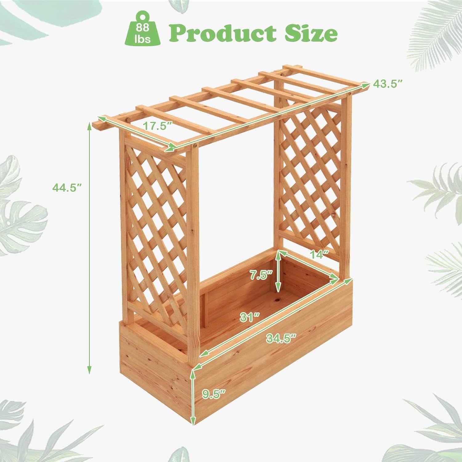 Raised Garden Bed with Trellis, Freestanding Wood Planter Box w/Hanging Roof & 4 Drainage Holes for Vine, Climbing Plants, Flowers, Outdoor Planter with Trellis for Garden, Patio, Yard