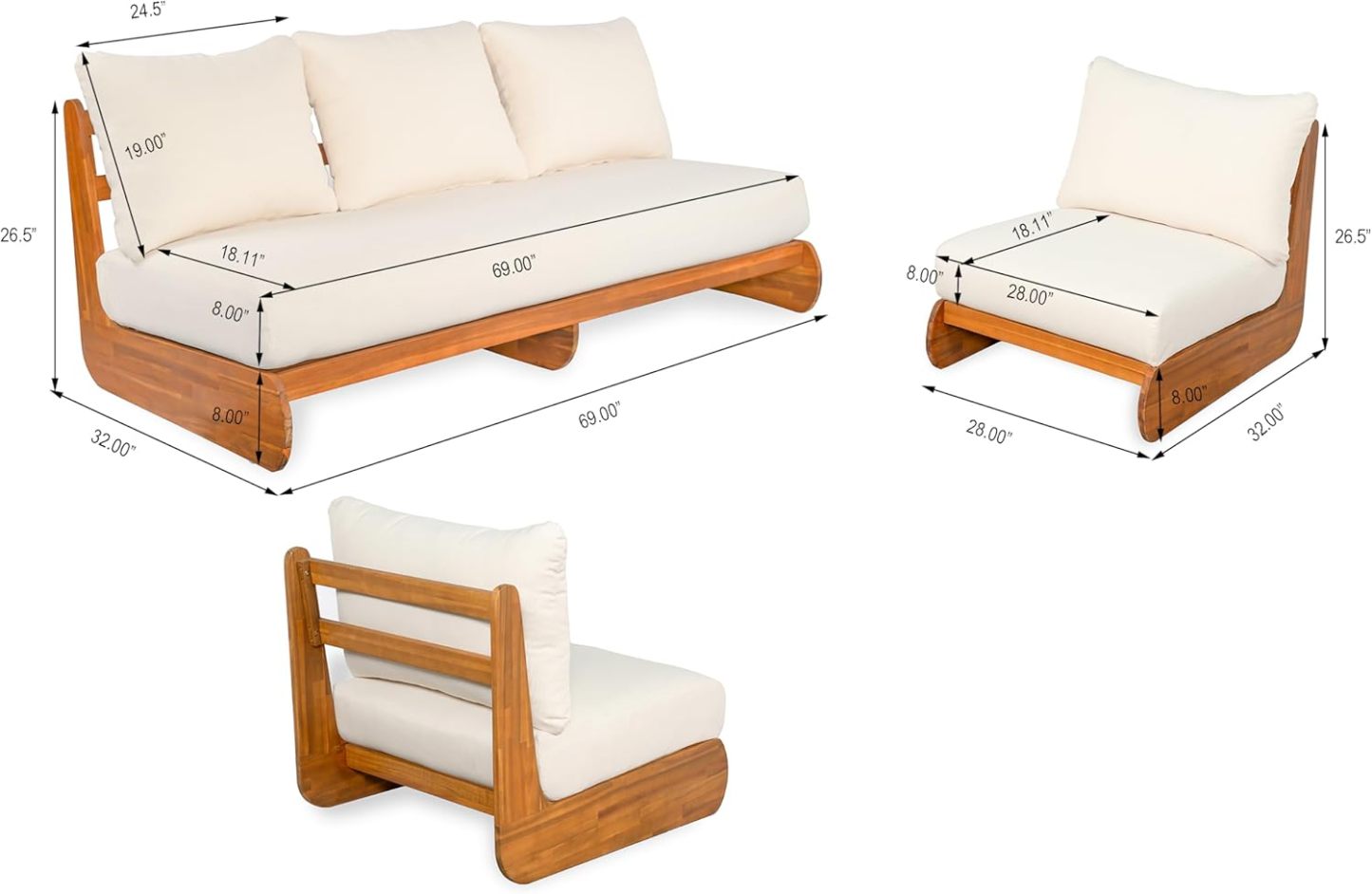 All Weather Conversation Sectional Sofa Set with 3 Seater Sofa and 2 Club Chairs, Low-Profile 5 Seater Design