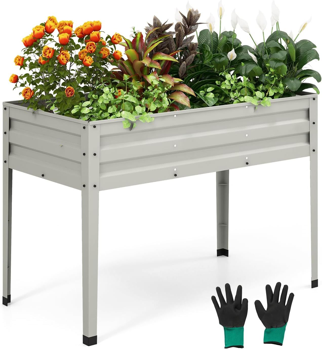 Raised Garden Bed, Freestanding Planter Box w/Drainage Holes, 4 Supporting Legs, 2 Gloves, Galvanized Planting Bed for Garden, Backyard & Patio