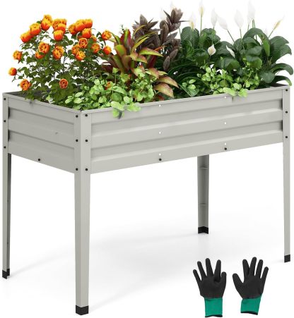 Raised Garden Bed, Freestanding Planter Box w/Drainage Holes, 4 Supporting Legs, 2 Gloves, Galvanized Planting Bed for Garden, Backyard & Patio