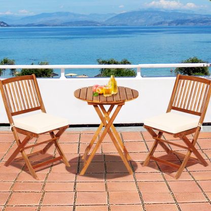 3 Pieces Patio Bistro Set Table & Chair with Cushions Foldable Wooden Furniture Chairs and Coffee Table for Outdoor Balcony Garden Backyard