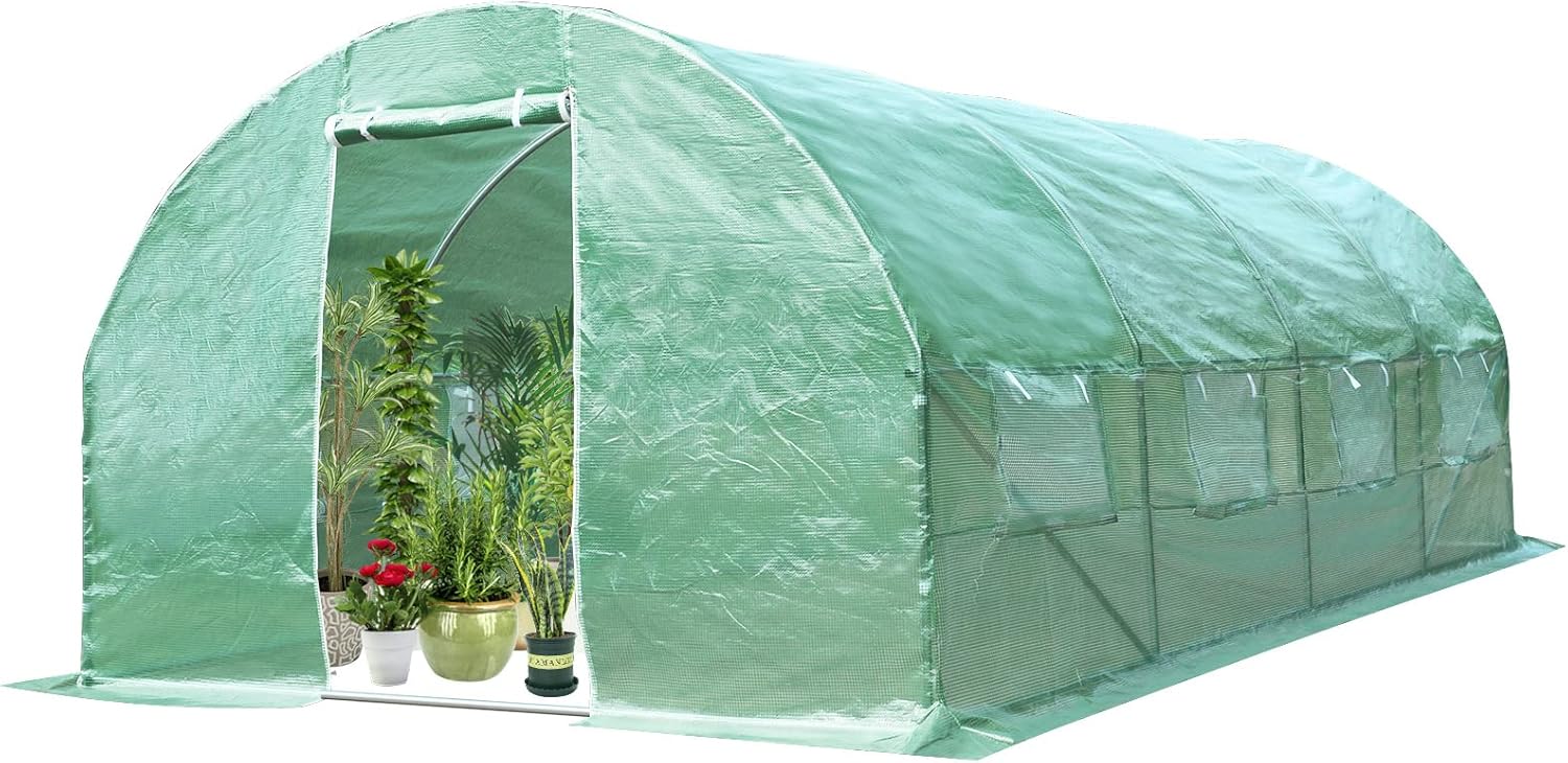 10 x 20 x 6.5 FT Large Walk-in Greenhouse Tunnel Plants Growing Tent with 2 Zippered Doors & 8 Roll-up Windows, Solid Metal Structure