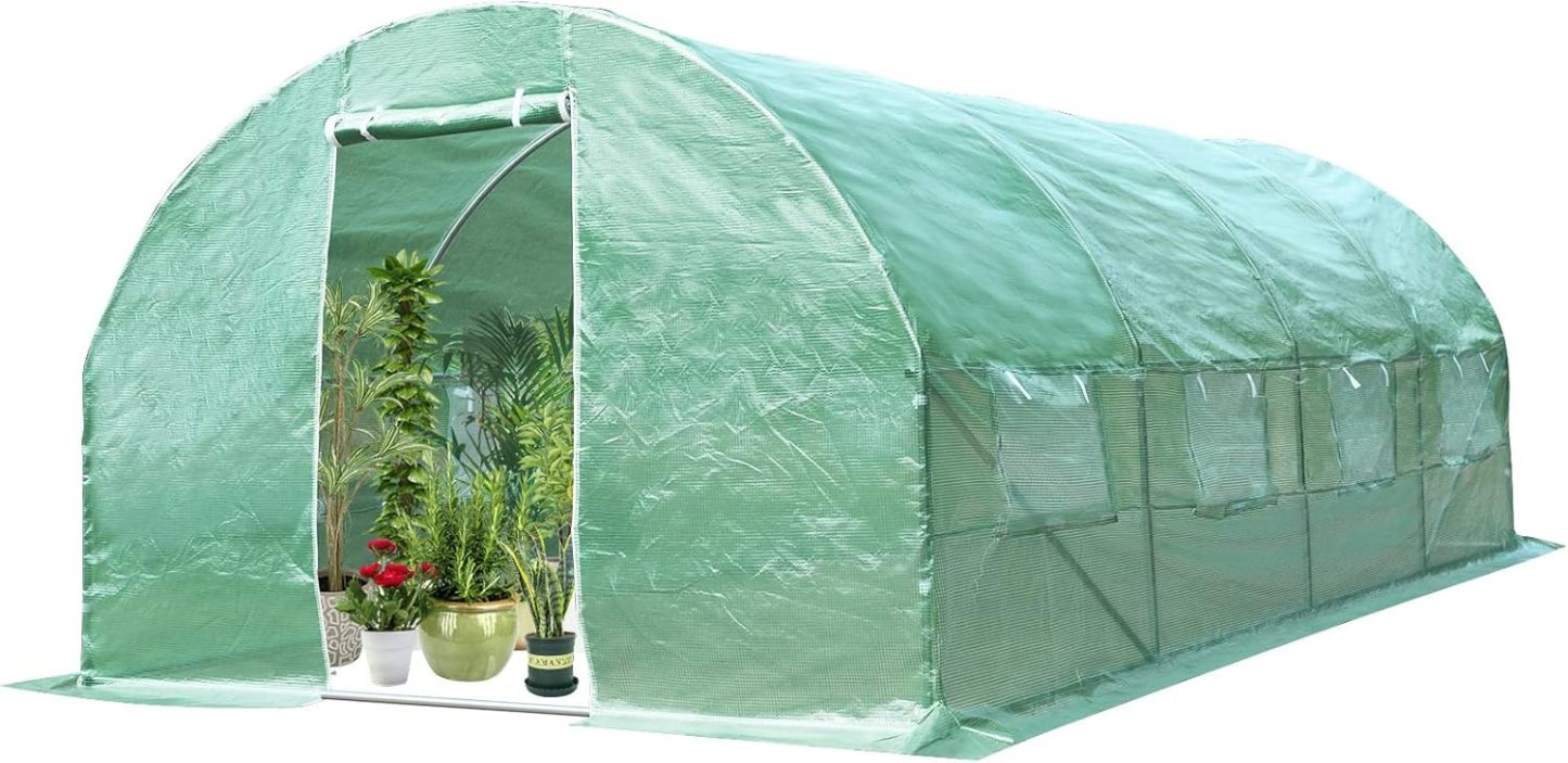 10 x 20 x 6.5 FT Large Walk-in Greenhouse Tunnel Plants Growing Tent with 2 Zippered Doors & 8 Roll-up Windows, Solid Metal Structure