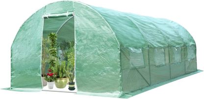 10 x 20 x 6.5 FT Large Walk-in Greenhouse Tunnel Plants Growing Tent with 2 Zippered Doors & 8 Roll-up Windows, Solid Metal Structure