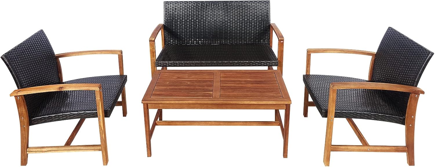 4 Pieces Patio Furniture Set Outdoor Patio Conversation Set with Coffee Table Loveseat Armchairs, Solid Acacia Wood, PE Wicker Surface, Modern Chat Set for Deck Poolside and Backyard