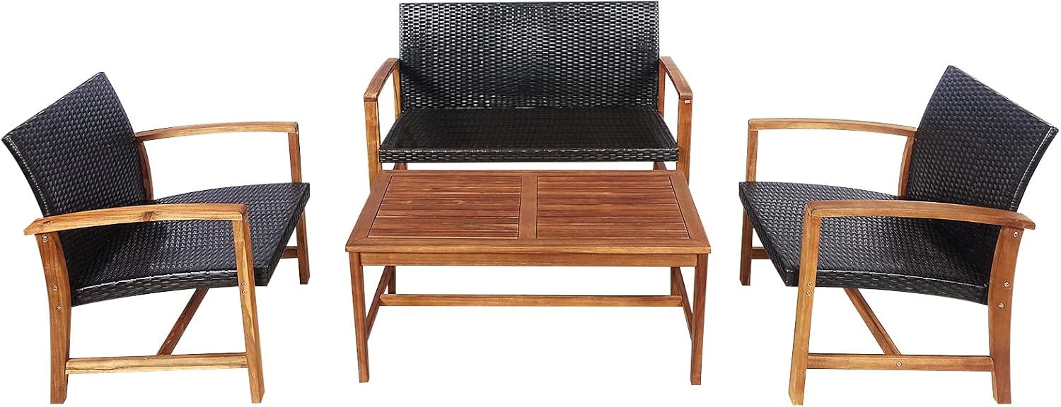 4 Pieces Patio Furniture Set Outdoor Patio Conversation Set with Coffee Table Loveseat Armchairs, Solid Acacia Wood, PE Wicker Surface, Modern Chat Set for Deck Poolside and Backyard