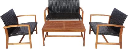 4 Pieces Patio Furniture Set Outdoor Patio Conversation Set with Coffee Table Loveseat Armchairs, Solid Acacia Wood, PE Wicker Surface, Modern Chat Set for Deck Poolside and Backyard