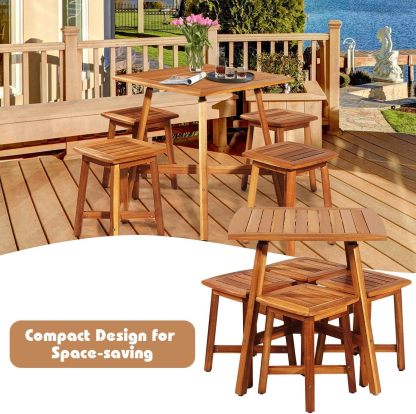 5 Pieces Wooden Patio Dining Set, Outdoor Acacia Wood Dining Furniture Set with 4 Stools, Wood Table and Armless Chairs for Garden Porch Backyard Balcony Poolside