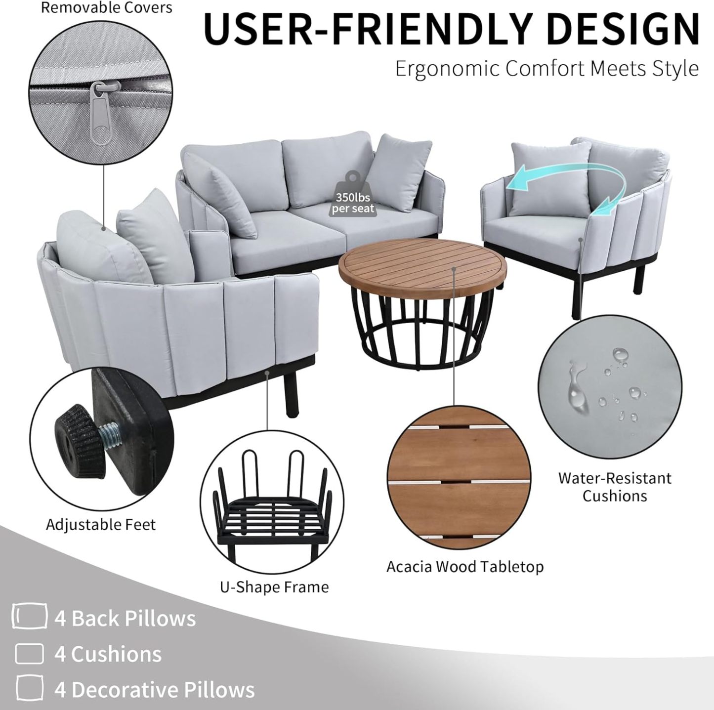 Luxury Outdoor Patio Sofa Set - 4-Piece Modern Iron Frame Conversation Set Patio Chat Set Outdoor Sofa Couch Set with Coffee Table