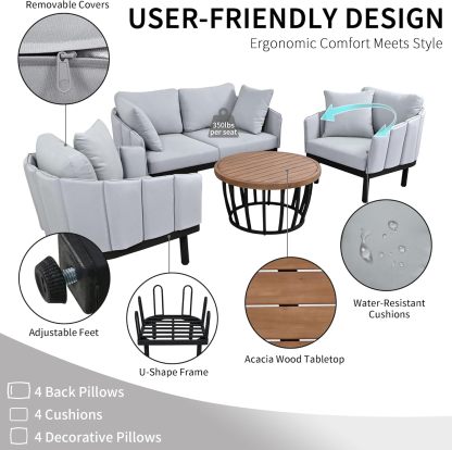 Luxury Outdoor Patio Sofa Set - 4-Piece Modern Iron Frame Conversation Set Patio Chat Set Outdoor Sofa Couch Set with Coffee Table