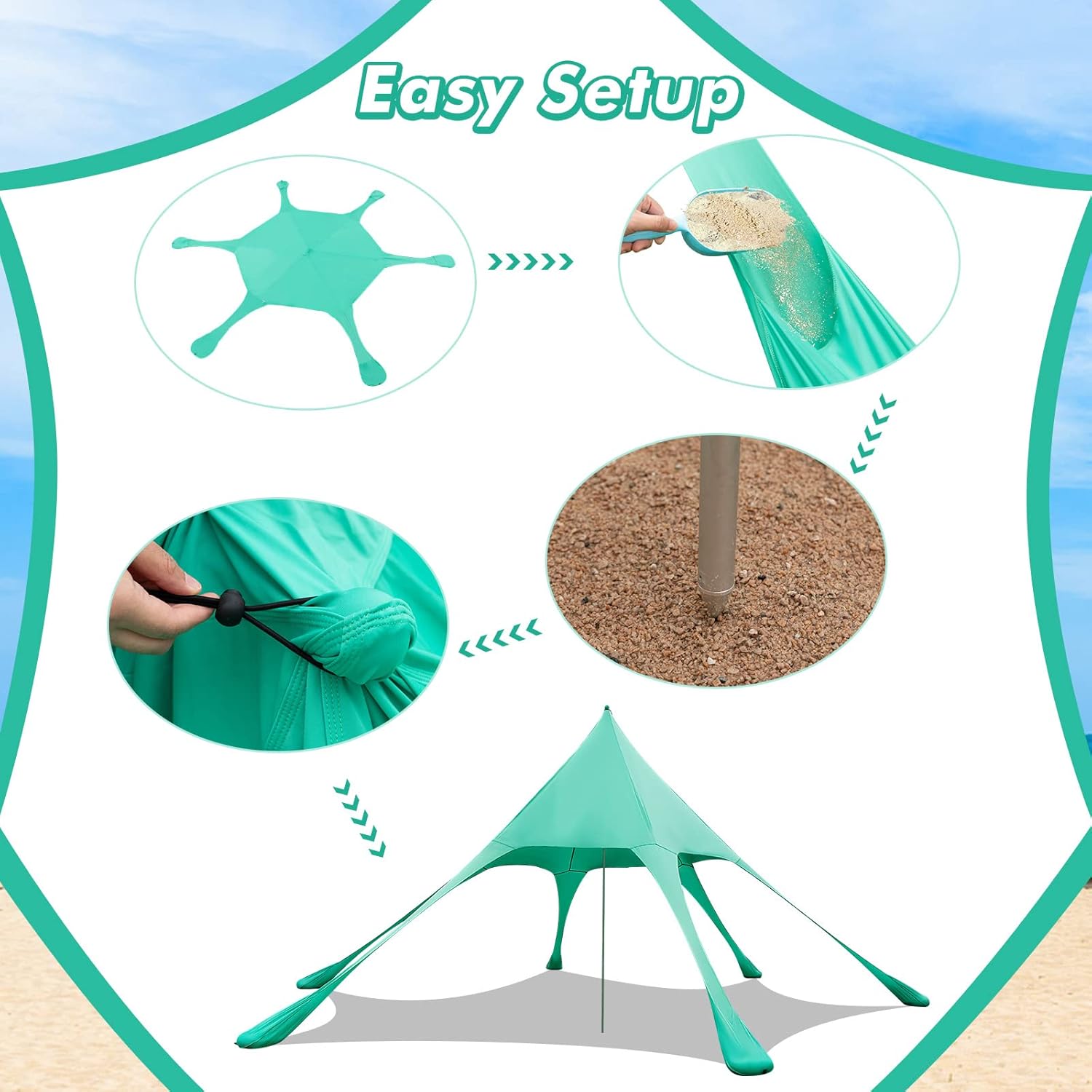 Beach Canopy Sun Shelter with Aluminum Pole, 20 FT x 20 FT, UPF 50+ Pop Up Tent with Sandbag, Tent Pegs, Sand Shovel, Carry Bag, Portable Outdoor Sunshade