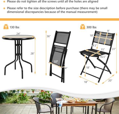 3 Pieces Bistro Set Round Coffee Table & Folding Chairs Set for Balcony Garden Backyard