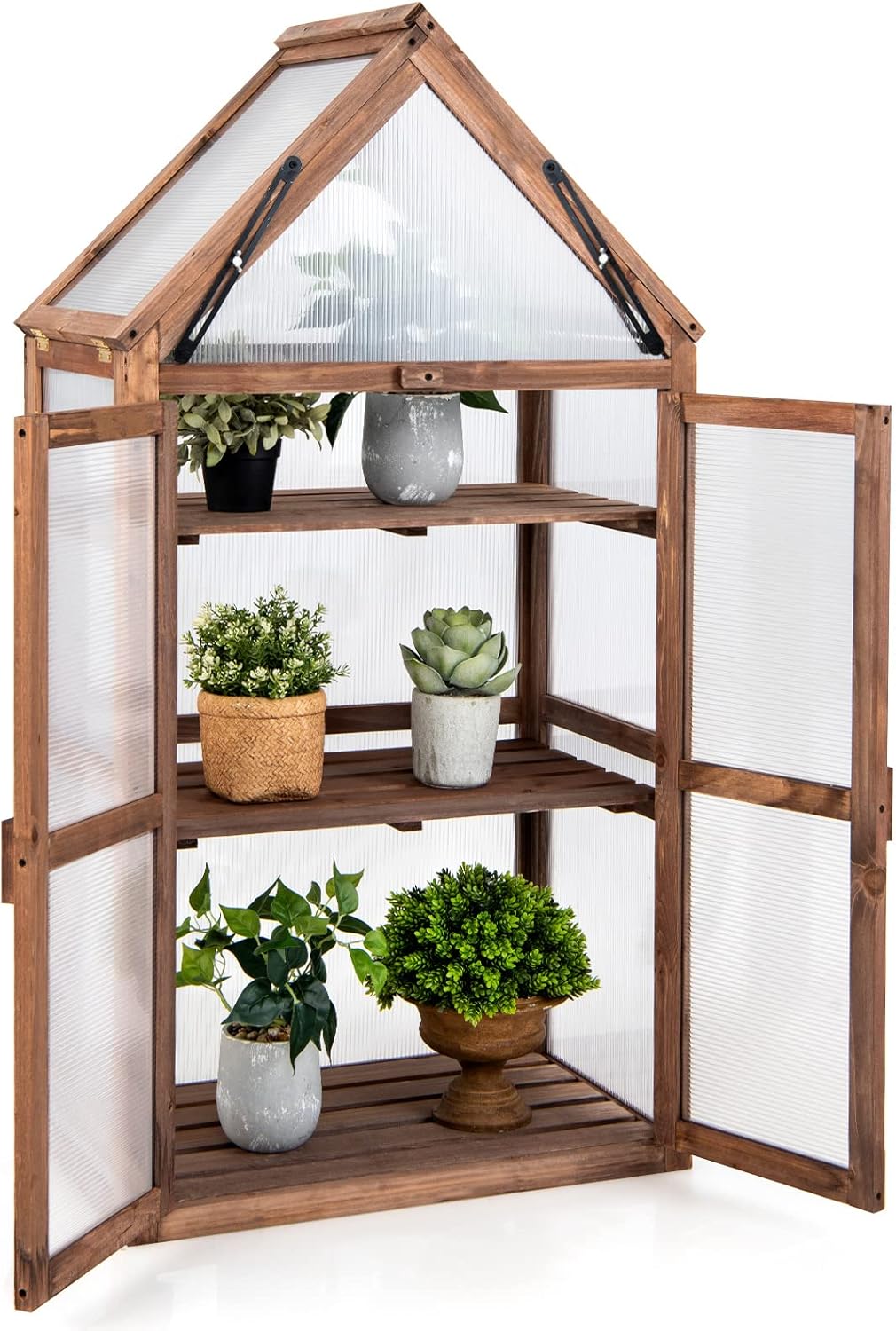 Cold Frame Greenhouse, Mini Wooden Greenhouse Raised Flower Planter Shelf w/Transparent Openable Roof, Double Doors & 3 Tier Shelves