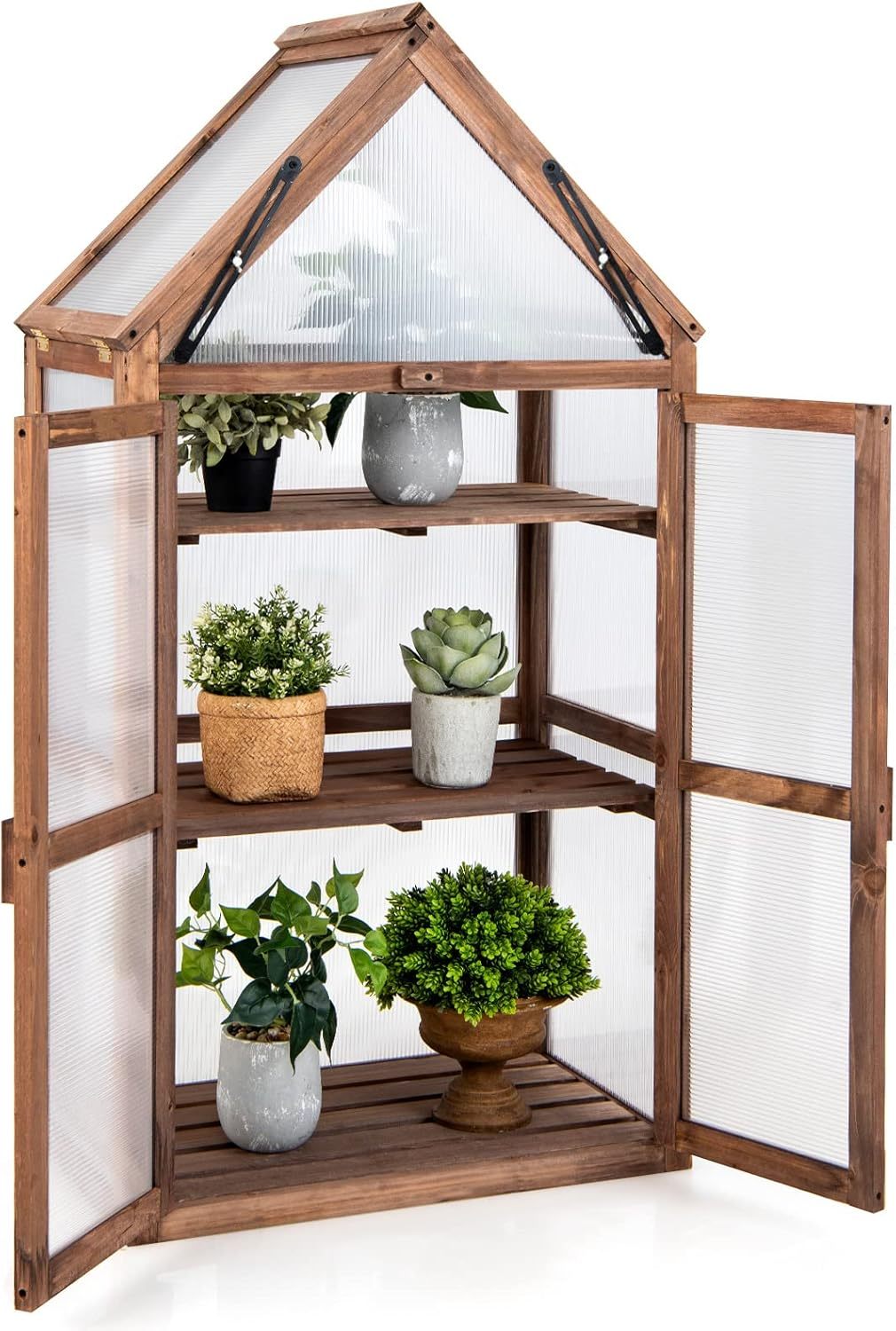 Cold Frame Greenhouse, Mini Wooden Greenhouse Raised Flower Planter Shelf w/Transparent Openable Roof, Double Doors & 3 Tier Shelves