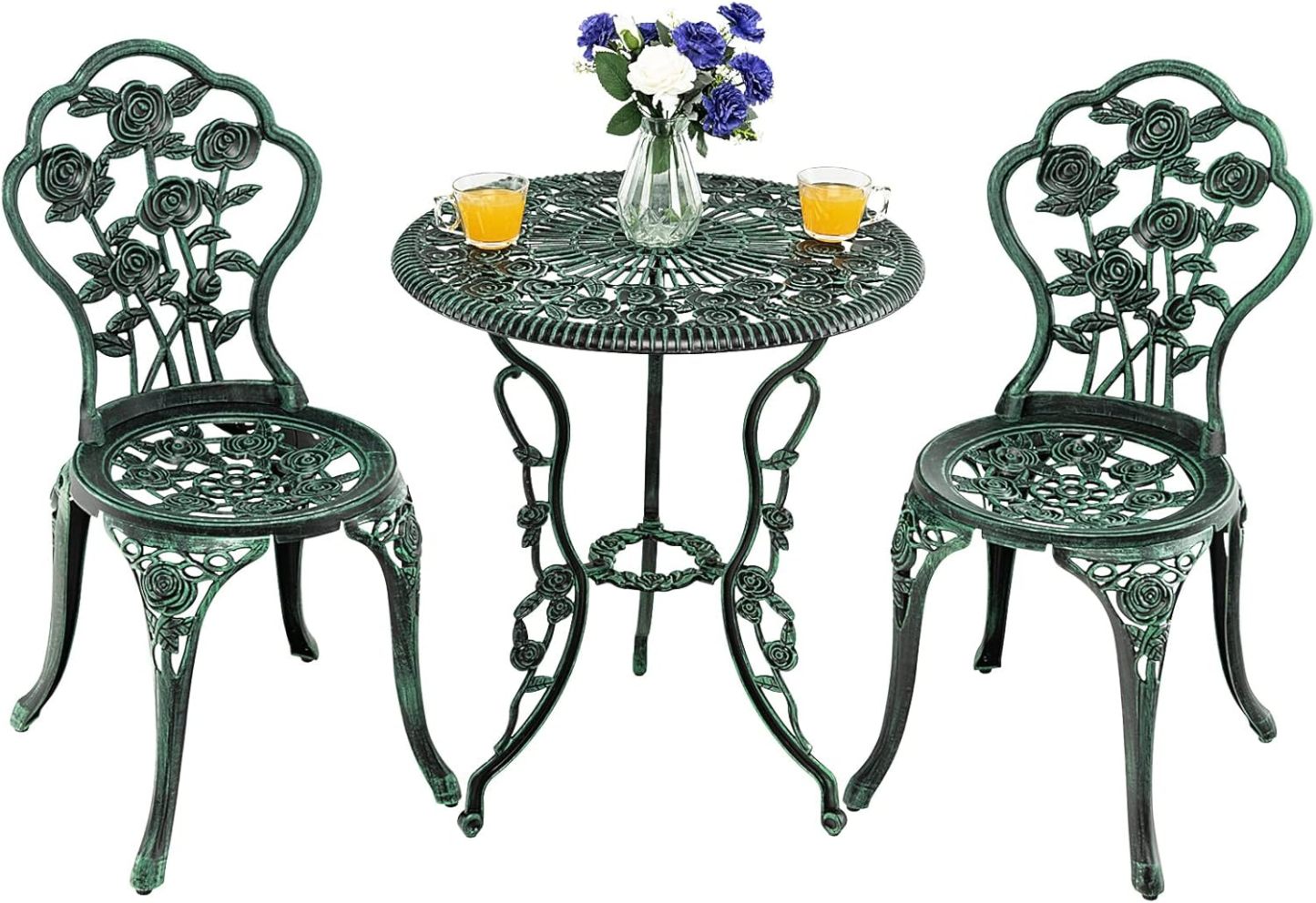 3-Piece Outdoor Bistro Set Rust-Resistant Cast Aluminum Table and Chairs with Elegant Rose Pattern, Outdoor Furniture Set with 1.9” Umbrella Hole for Balcony Backyard Garden Deck