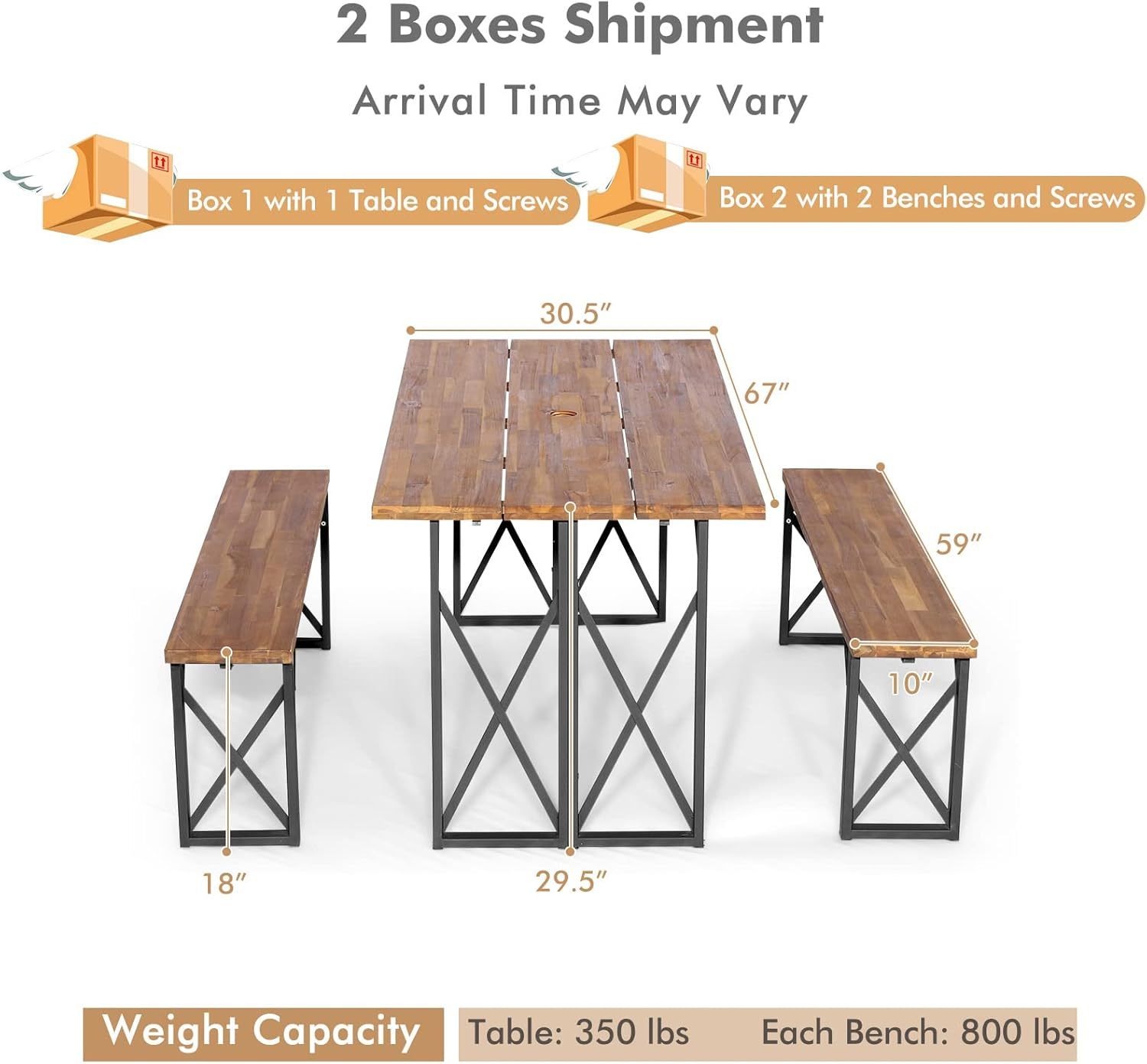 3 Pieces Outdoor Dining Set with Metal Frame, Solid Acacia Wood Patio Dining Table and Bench Set with 2 Inches Umbrella Hole