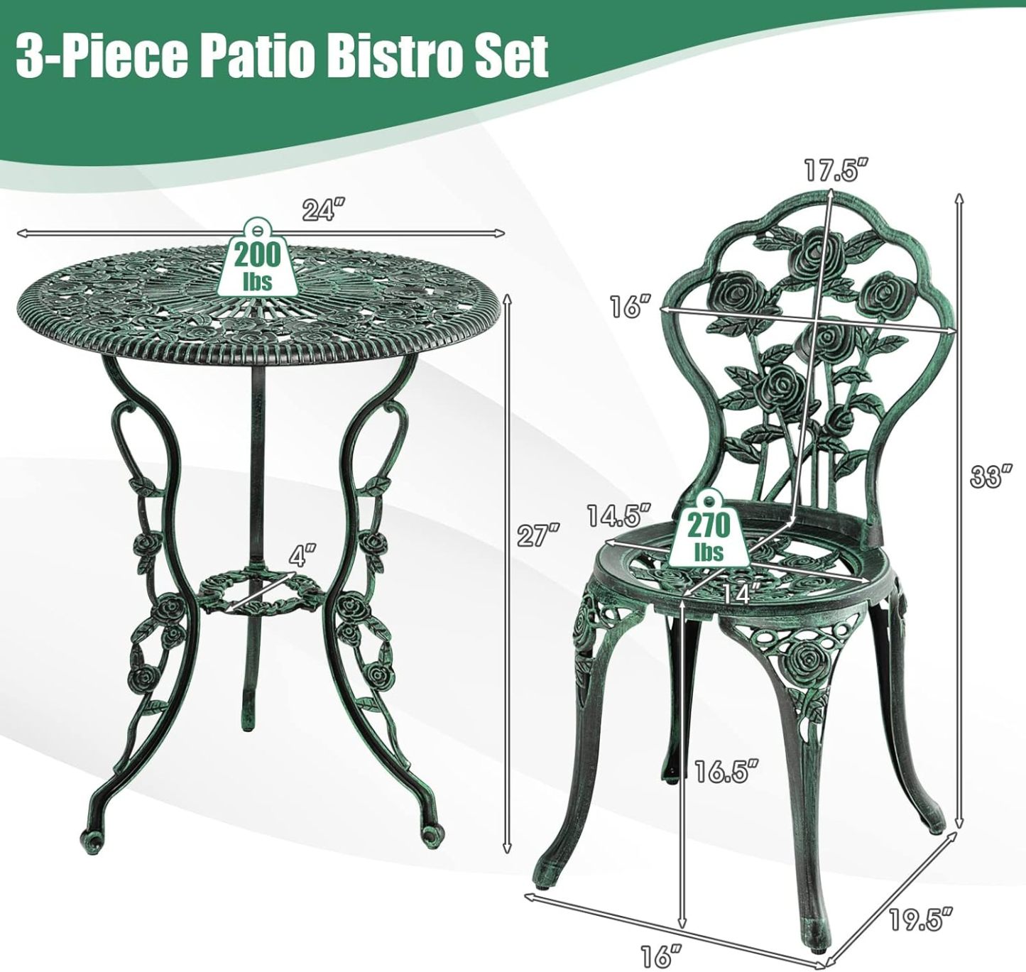 3-Piece Outdoor Bistro Set Rust-Resistant Cast Aluminum Table and Chairs with Elegant Rose Pattern, Outdoor Furniture Set with 1.9” Umbrella Hole for Balcony Backyard Garden Deck