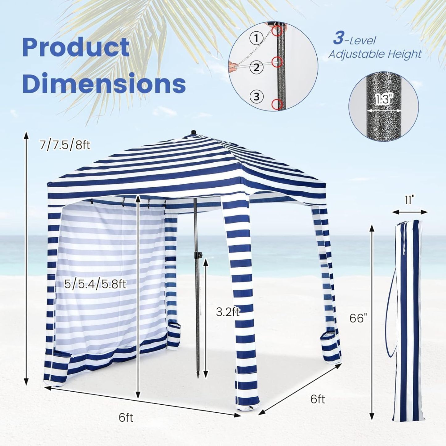 6FT Beach Cabana Canopy, Foldable Beach Sun Shelter with Carrying Bag, Sand Anchor, Detachable Sidewall & 8 Sandbags, Portable Outdoor Sunshade Tent for Camping Picnics