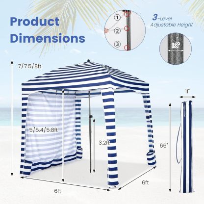 6FT Beach Cabana Canopy, Foldable Beach Sun Shelter with Carrying Bag, Sand Anchor, Detachable Sidewall & 8 Sandbags, Portable Outdoor Sunshade Tent for Camping Picnics