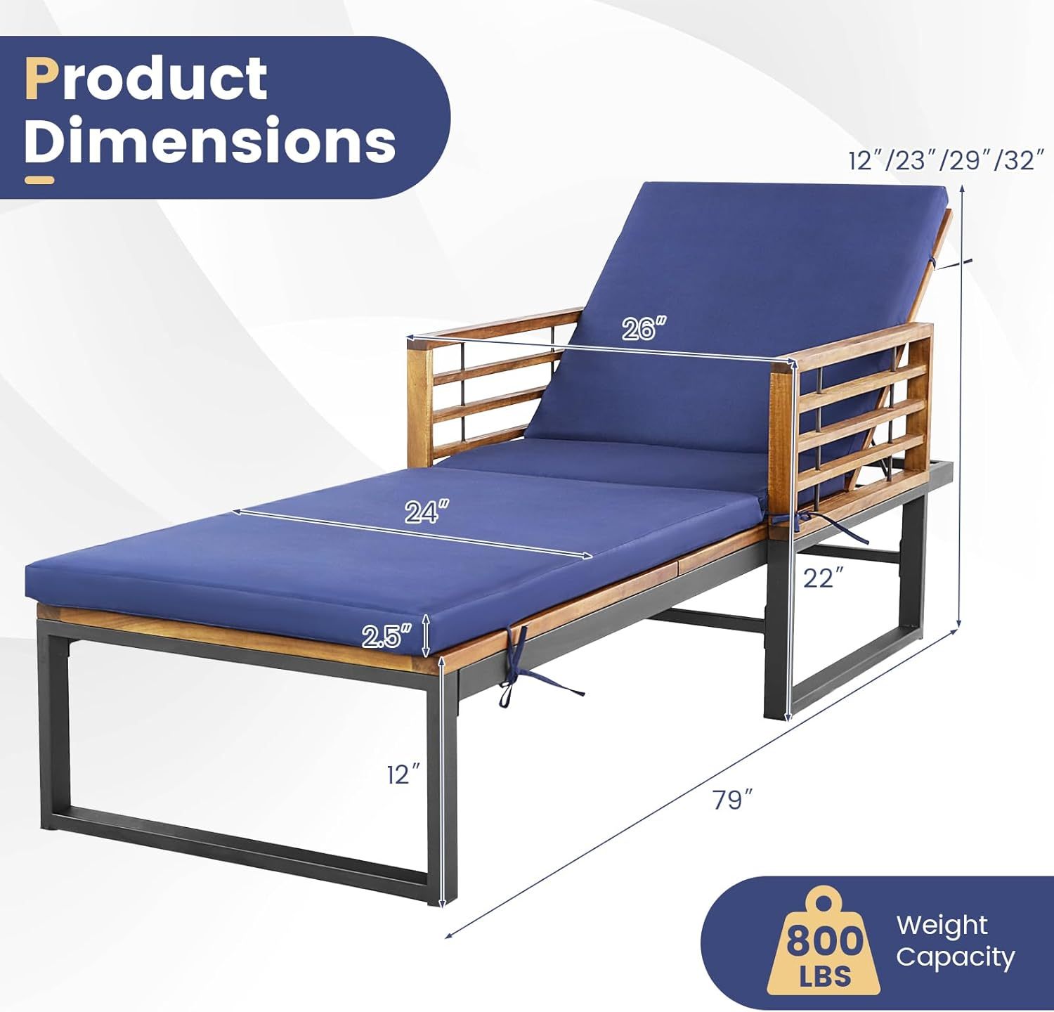 Acacia Wood Chaise Lounge Patio Recliner with 4-Position Adjustable Backrest & Padded Cushion, Outdoor Wooden Sun Lounger Sunbathing Chair for Backyard Beach Poolside