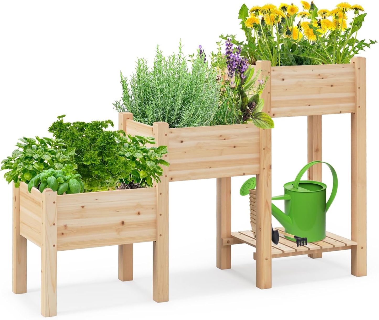 3-Tire Raised Garden Bed, Wooden Raised Planter Box with 3 Planter Boxes, Drainage Holes, Open Storage Shelf, Outdoor Garden Bed with Legs for Plant, Fruit, Vegetable, Flower, Herb