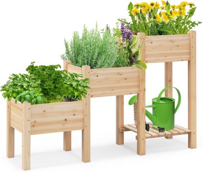 3-Tire Raised Garden Bed, Wooden Raised Planter Box with 3 Planter Boxes, Drainage Holes, Open Storage Shelf, Outdoor Garden Bed with Legs for Plant, Fruit, Vegetable, Flower, Herb