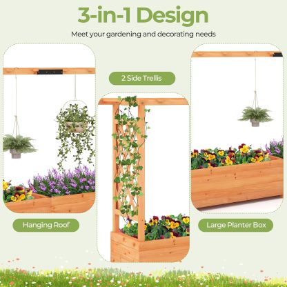 Raised Garden Bed with Trellis, Freestanding Wood Planter Box w/Hanging Roof & 8 Drainage Holes for Vine, Climbing Plants, Flowers, Outdoor Planter with Trellis