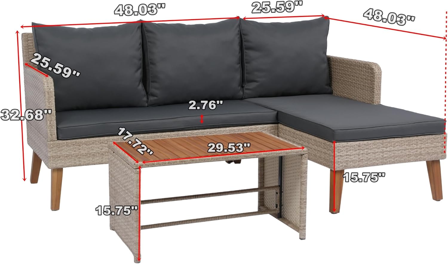 3-Piece Patio Sectional Sofa Set - Garden Patio Outdoor Conversation Set Wicker Rattan Outdoor Furniture Sofa Set