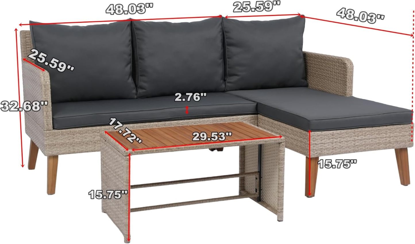 3-Piece Patio Sectional Sofa Set - Garden Patio Outdoor Conversation Set Wicker Rattan Outdoor Furniture Sofa Set