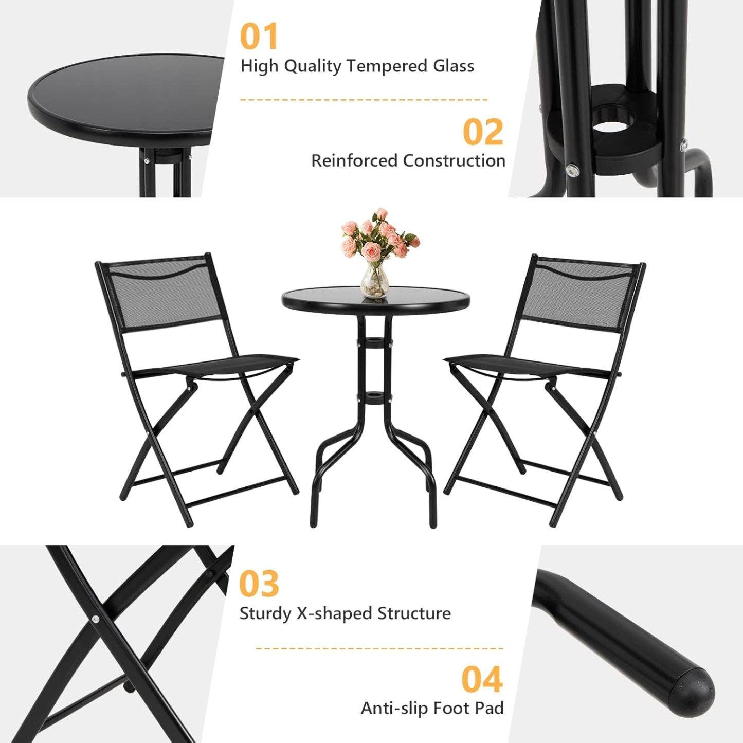 3 Pieces Bistro Set Round Coffee Table & Folding Chairs Set for Balcony Garden Backyard