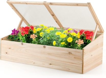Cold Frame Greenhouse, Wood Potable Greenhouse with Foldable Top, Transparent Lid, Raised Planter Box Protection, Indoor & Outdoor Mini Greenhouse for Garden, Patio, Balcony, Terrace