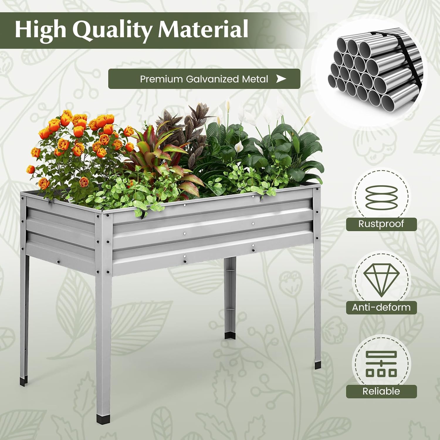Raised Garden Bed, Freestanding Planter Box w/Drainage Holes, 4 Supporting Legs, 2 Gloves, Galvanized Planting Bed for Garden, Backyard & Patio
