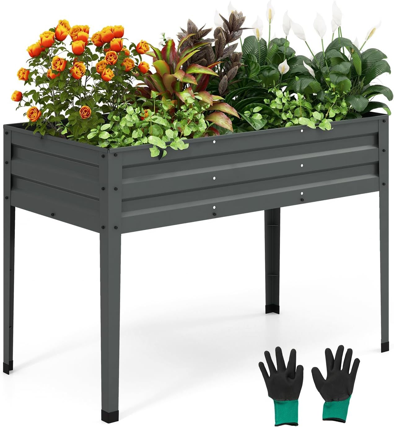 Raised Garden Bed, Freestanding Planter Box w/Drainage Holes, 4 Supporting Legs, 2 Gloves, Galvanized Planting Bed