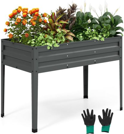 Raised Garden Bed, Freestanding Planter Box w/Drainage Holes, 4 Supporting Legs, 2 Gloves, Galvanized Planting Bed