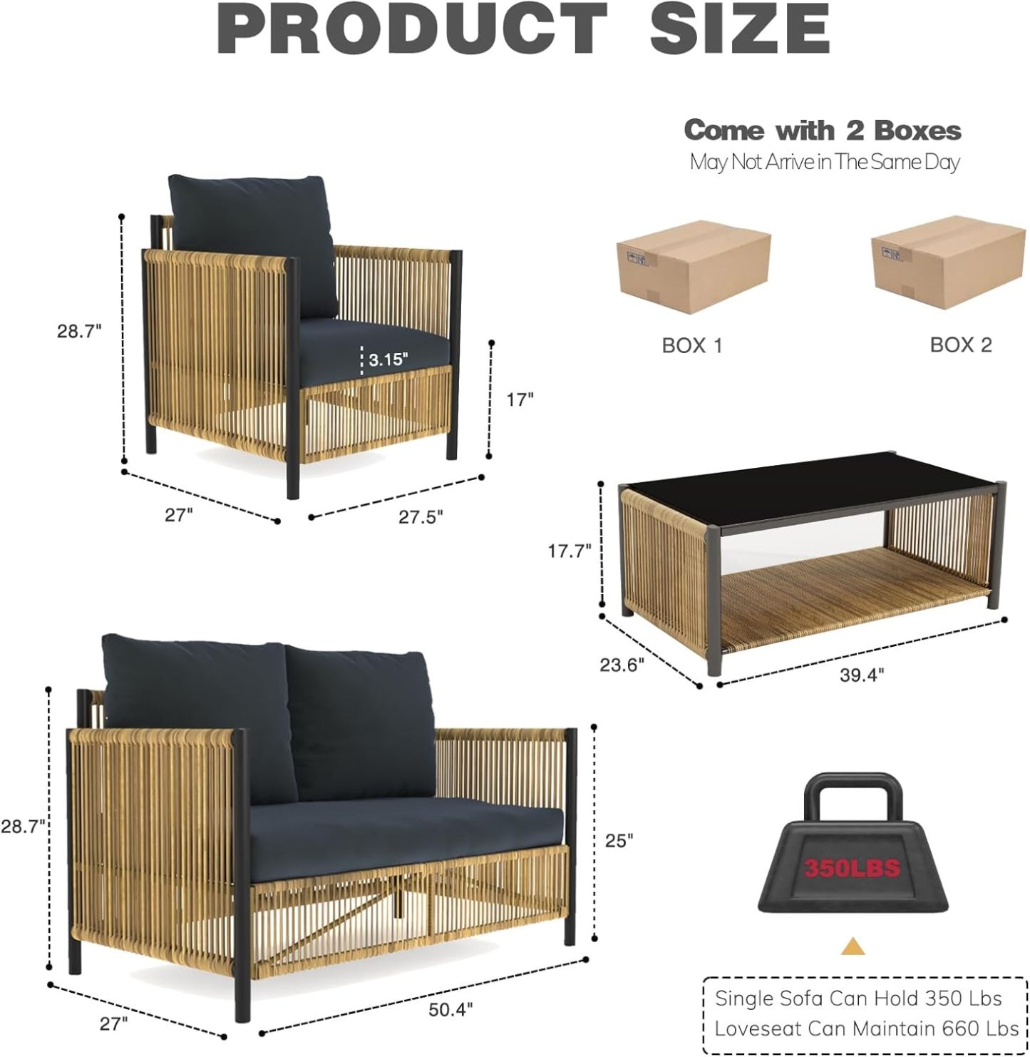 4 Pieces Aluminum Outdoor Patio Furniture Set - 2 Pcs Armchair, Loveseat & Dual-Layer Coffee Table