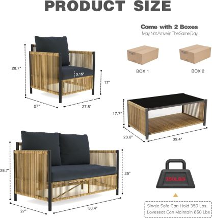 4 Pieces Aluminum Outdoor Patio Furniture Set - 2 Pcs Armchair, Loveseat & Dual-Layer Coffee Table