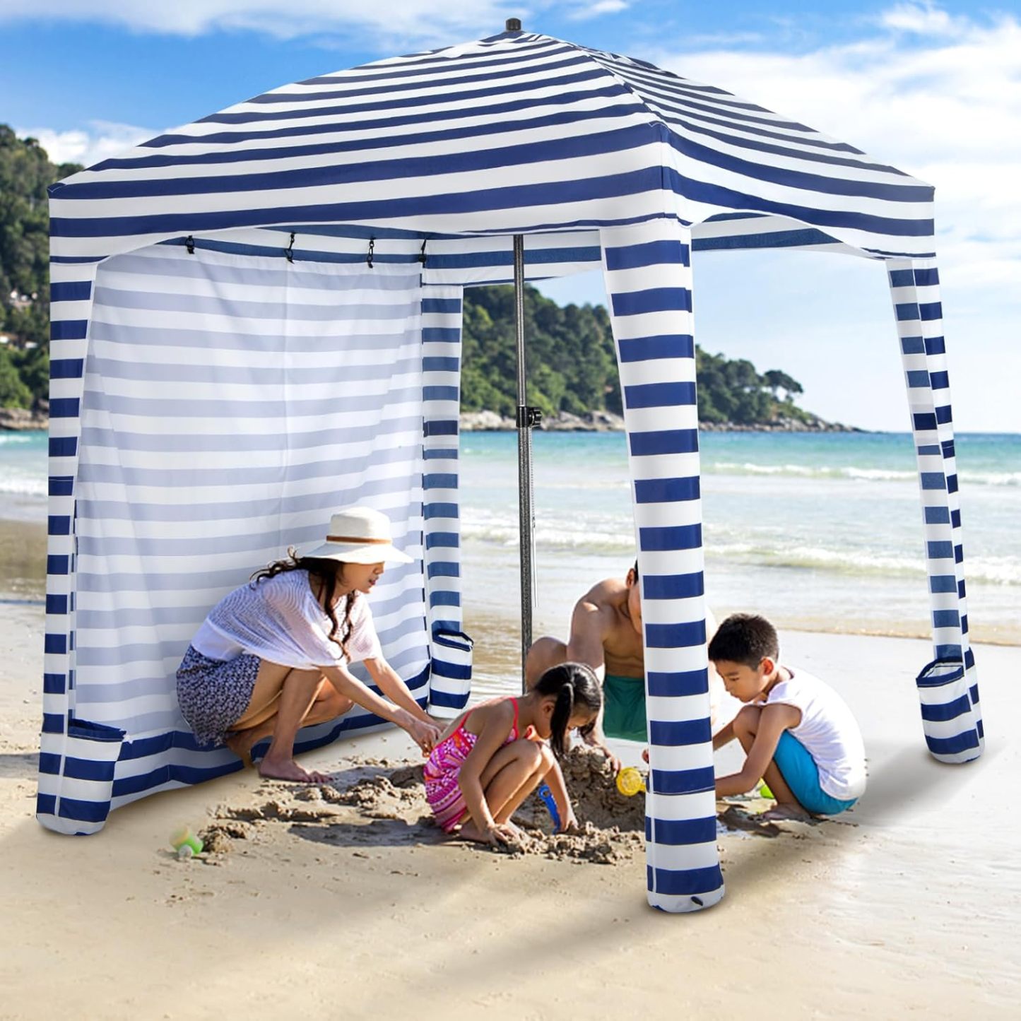 6FT Beach Cabana Canopy, Foldable Beach Sun Shelter with Carrying Bag, Sand Anchor, Detachable Sidewall & 8 Sandbags, Portable Outdoor Sunshade Tent for Camping Picnics