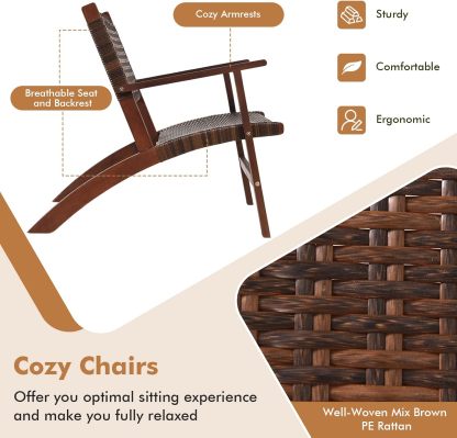 3 Piece Patio Conversation Set Eucalyptus Wood Chair with Rattan Wicker Back & Seat, Ergonomic Curved Design, Patio Bistro Set with Compact Coffee Table for Poolside Backyard Garden