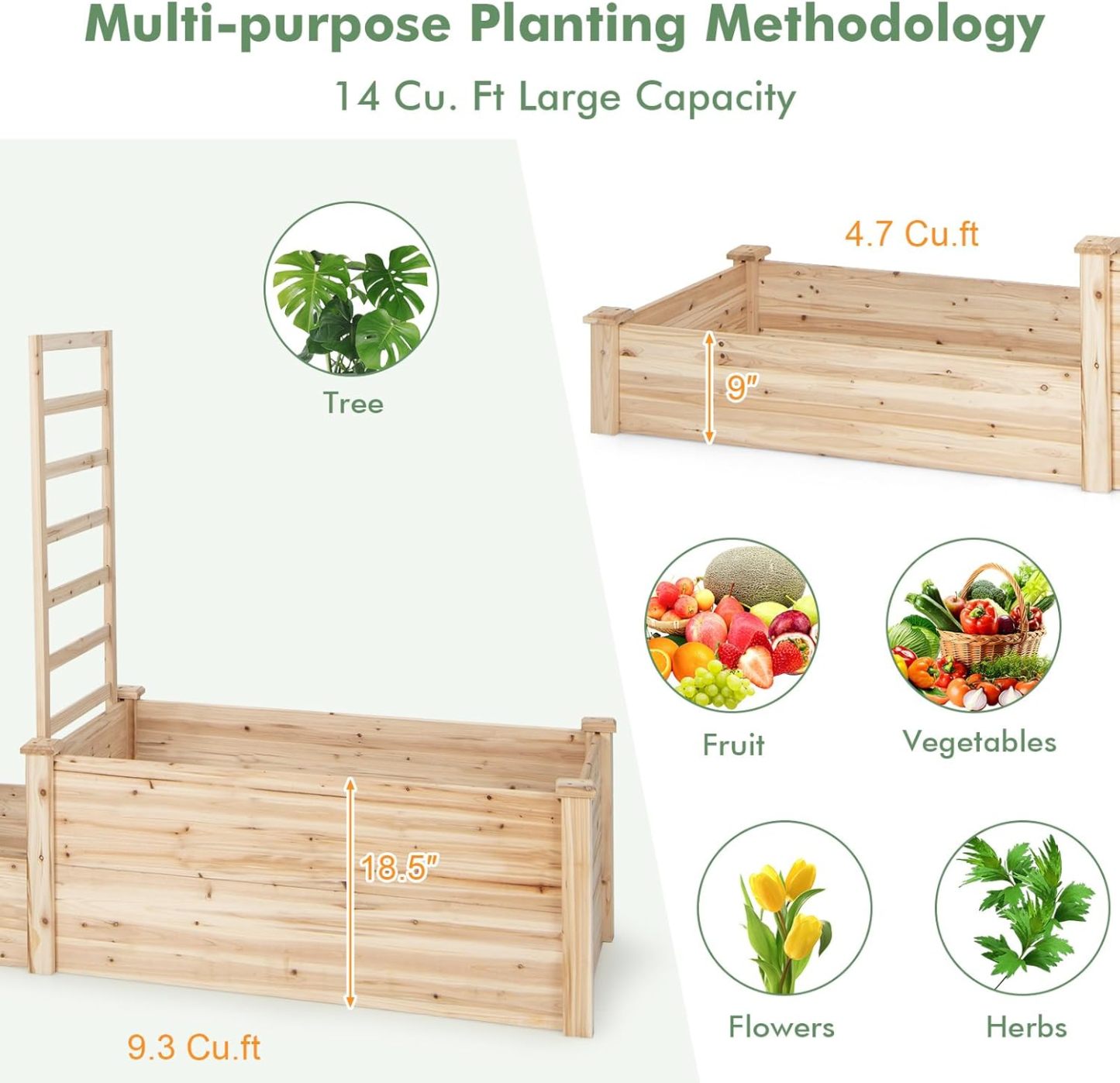 Raised Garden Bed with Trellis, Wood Garden Box w/Open Base Design & 2 Compartments, Outdoor Wooden Planter Box Kit for Vine Climbing, Fruits, Vegetables, Flowers, Herbs