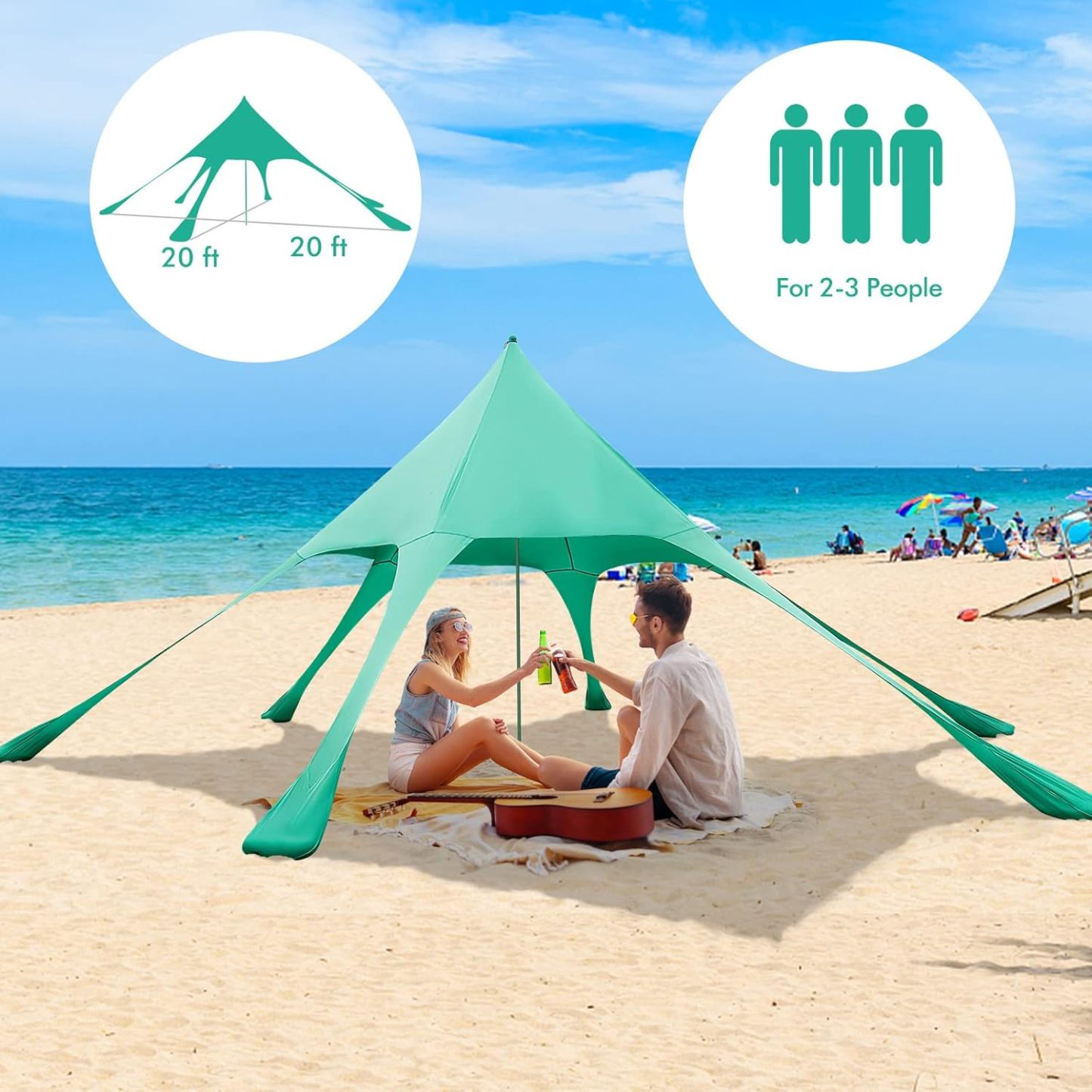 Beach Canopy Sun Shelter with Aluminum Pole, 20 FT x 20 FT, UPF 50+ Pop Up Tent with Sandbag, Tent Pegs, Sand Shovel, Carry Bag, Portable Outdoor Sunshade