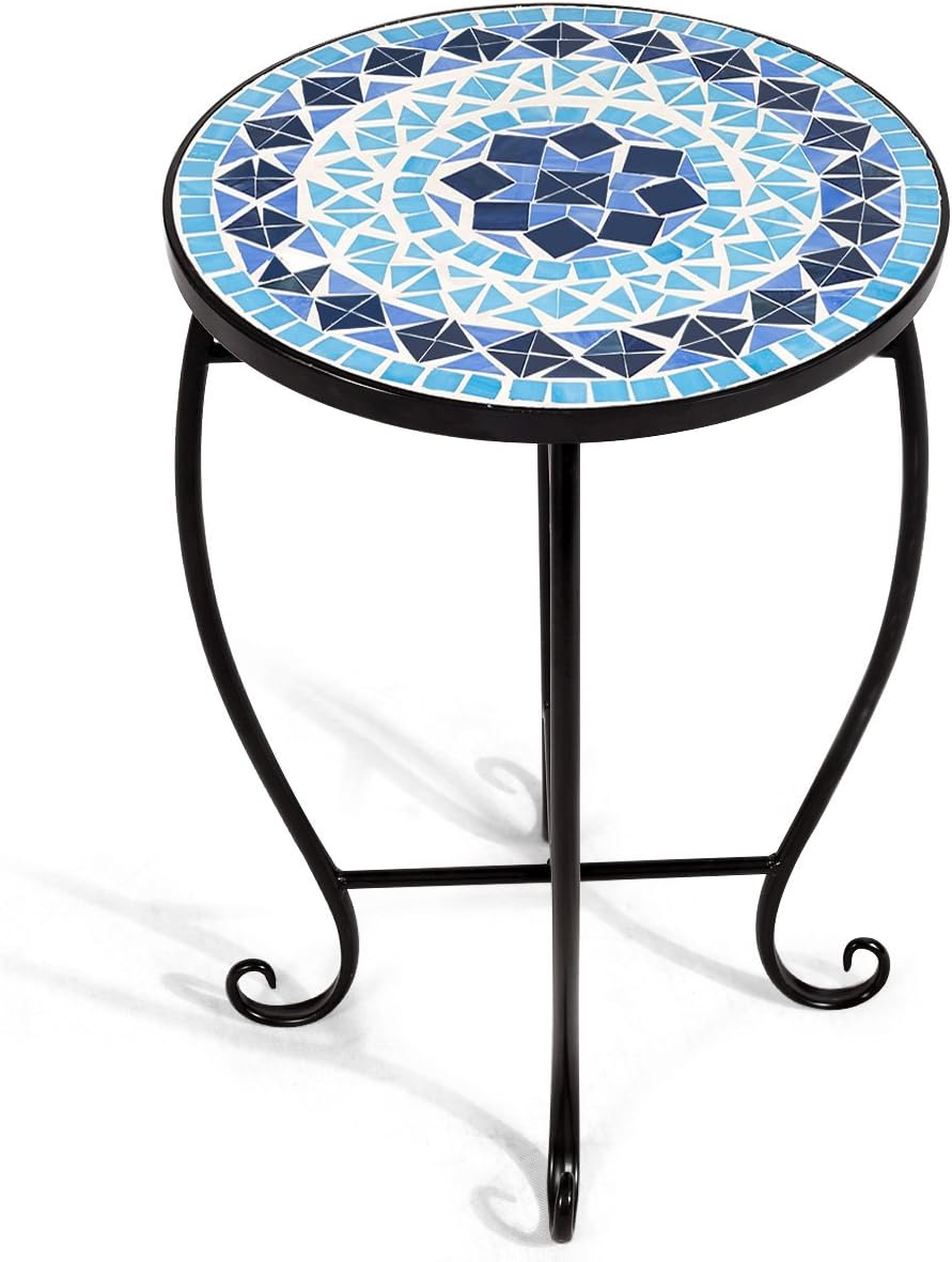 Outdoor Side Table, Round Patio Table with Ceramic Mosaic Table Top and Steel Frame, Small End Table Garden Plant Stand Table for Balcony Porch Deck