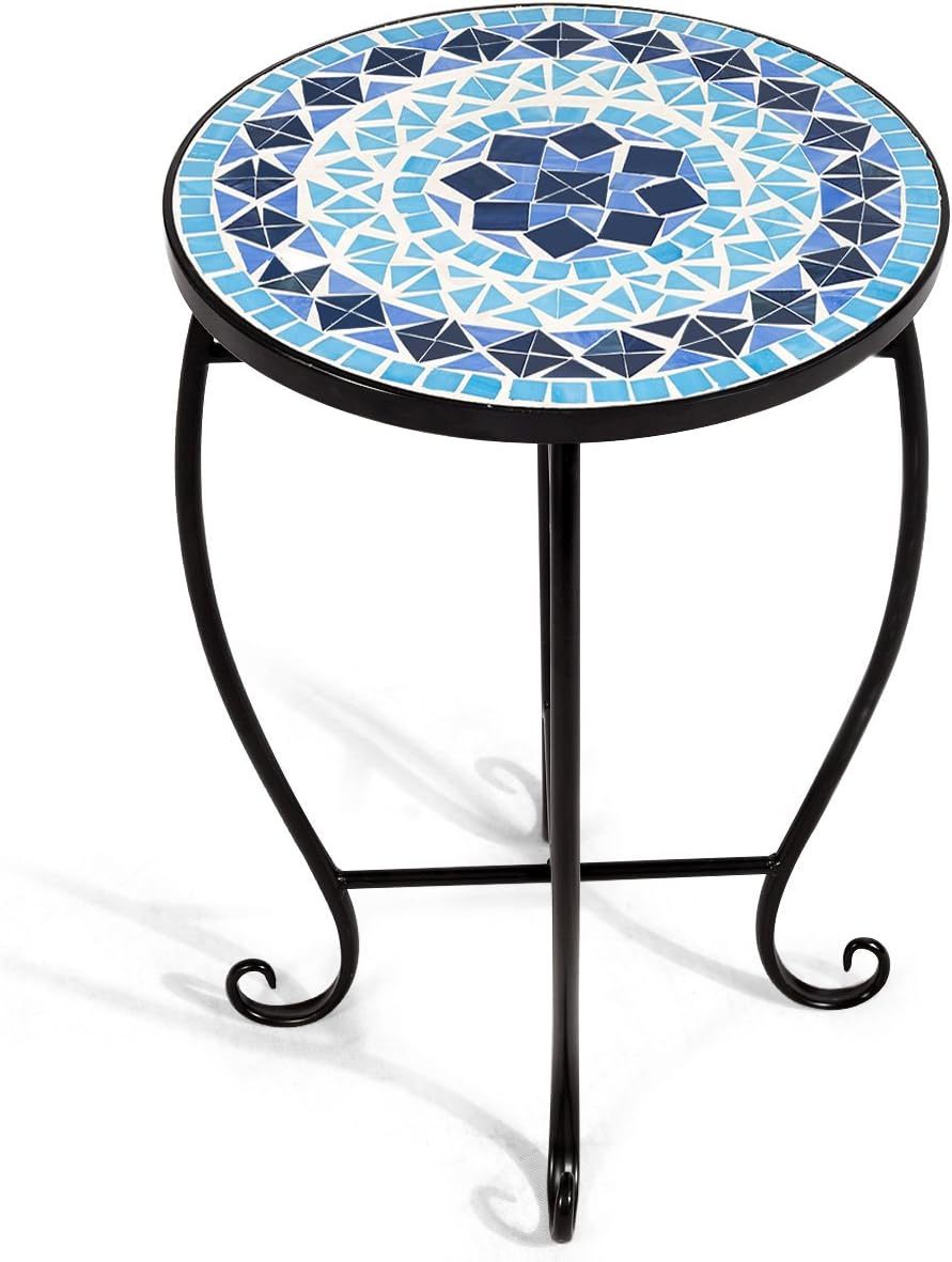 Outdoor Side Table, Round Patio Table with Ceramic Mosaic Table Top and Steel Frame, Small End Table Garden Plant Stand Table for Balcony Porch Deck