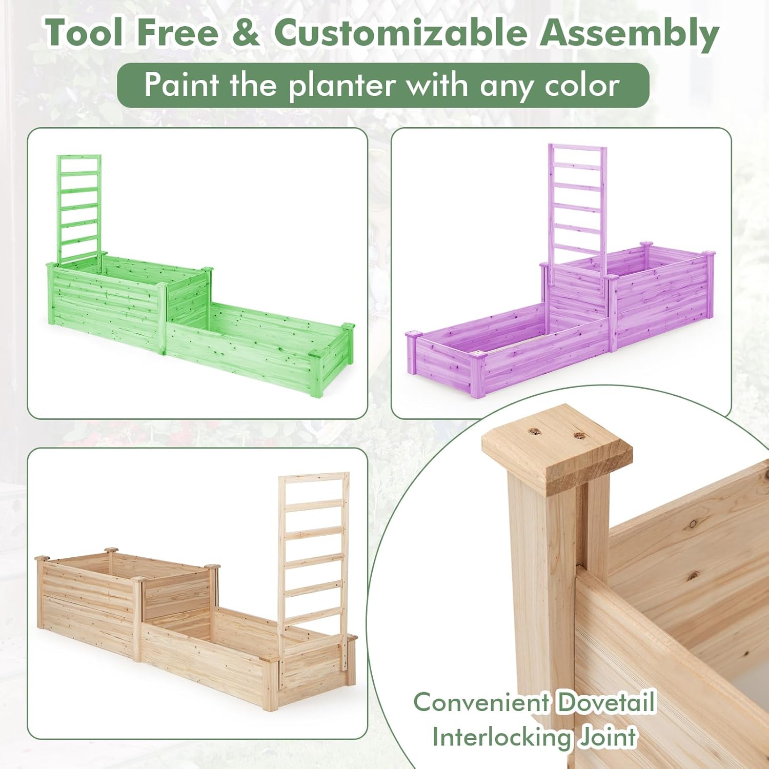 Raised Garden Bed with Trellis, Wood Garden Box w/Open Base Design & 2 Compartments, Outdoor Wooden Planter Box Kit for Vine Climbing, Fruits, Vegetables, Flowers, Herbs