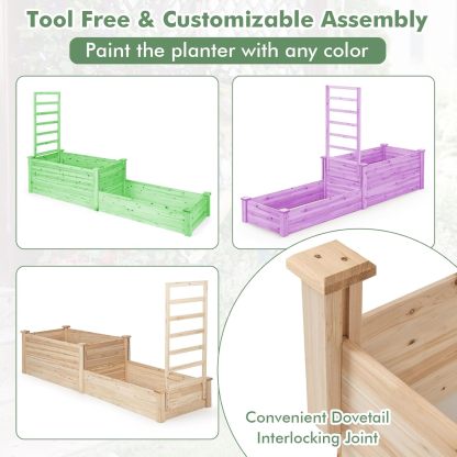 Raised Garden Bed with Trellis, Wood Garden Box w/Open Base Design & 2 Compartments, Outdoor Wooden Planter Box Kit for Vine Climbing, Fruits, Vegetables, Flowers, Herbs
