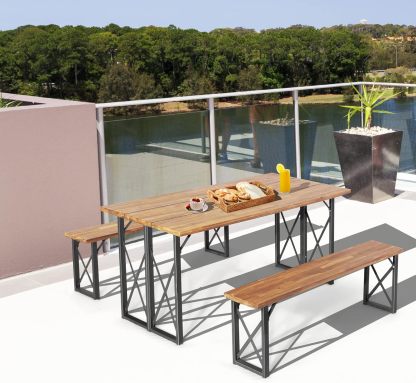 3 Pieces Outdoor Dining Set with Metal Frame, Solid Acacia Wood Patio Dining Table and Bench Set with 2 Inches Umbrella Hole