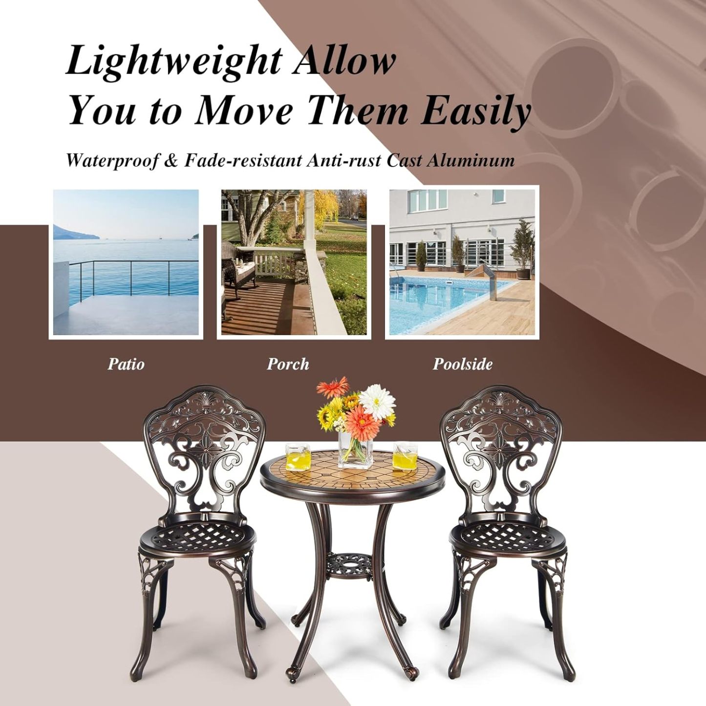 3-Piece Patio Bistro Set, All-Weather Cast Aluminum Table and Chairs, Outdoor Patio Table and Chairs Furniture for Porch Garden Poolside Backyard