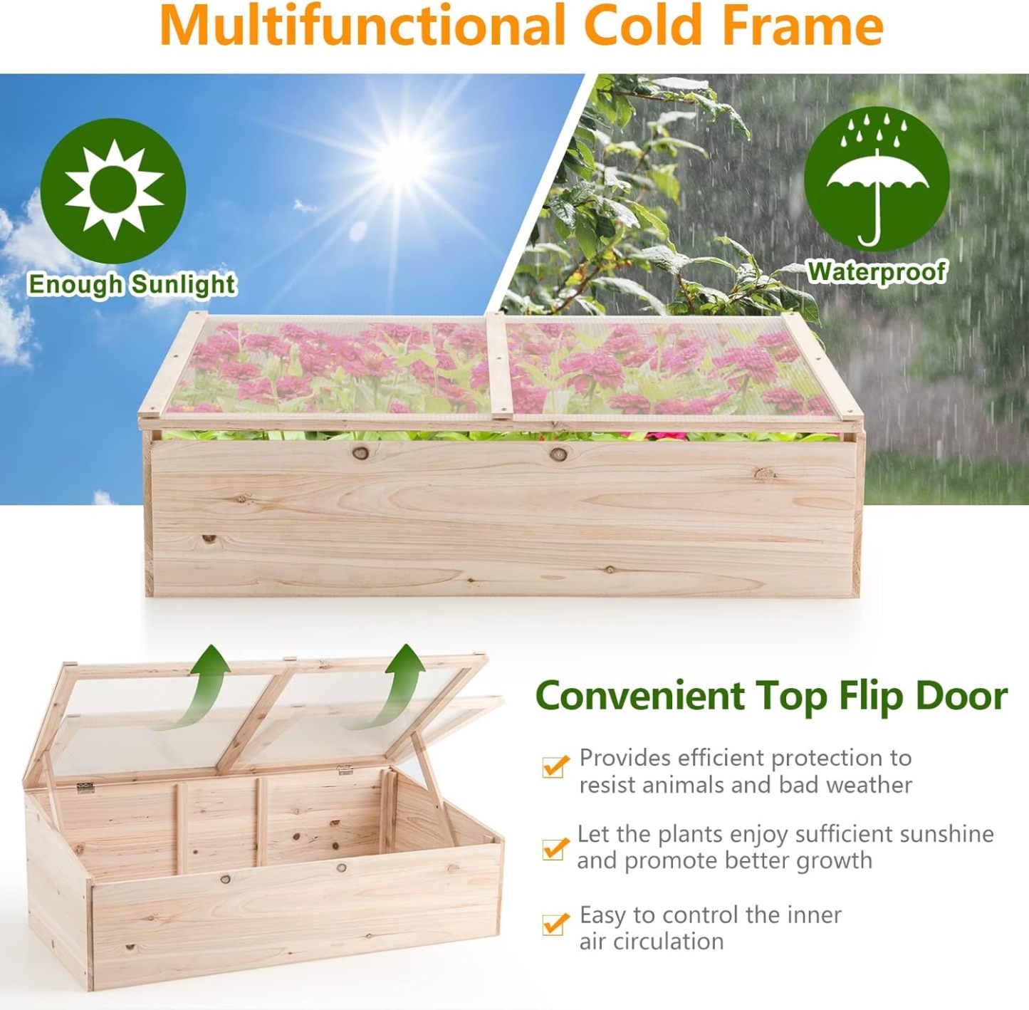 Cold Frame Greenhouse, Wood Potable Greenhouse with Foldable Top, Transparent Lid, Raised Planter Box Protection, Indoor & Outdoor Mini Greenhouse for Garden, Patio, Balcony, Terrace