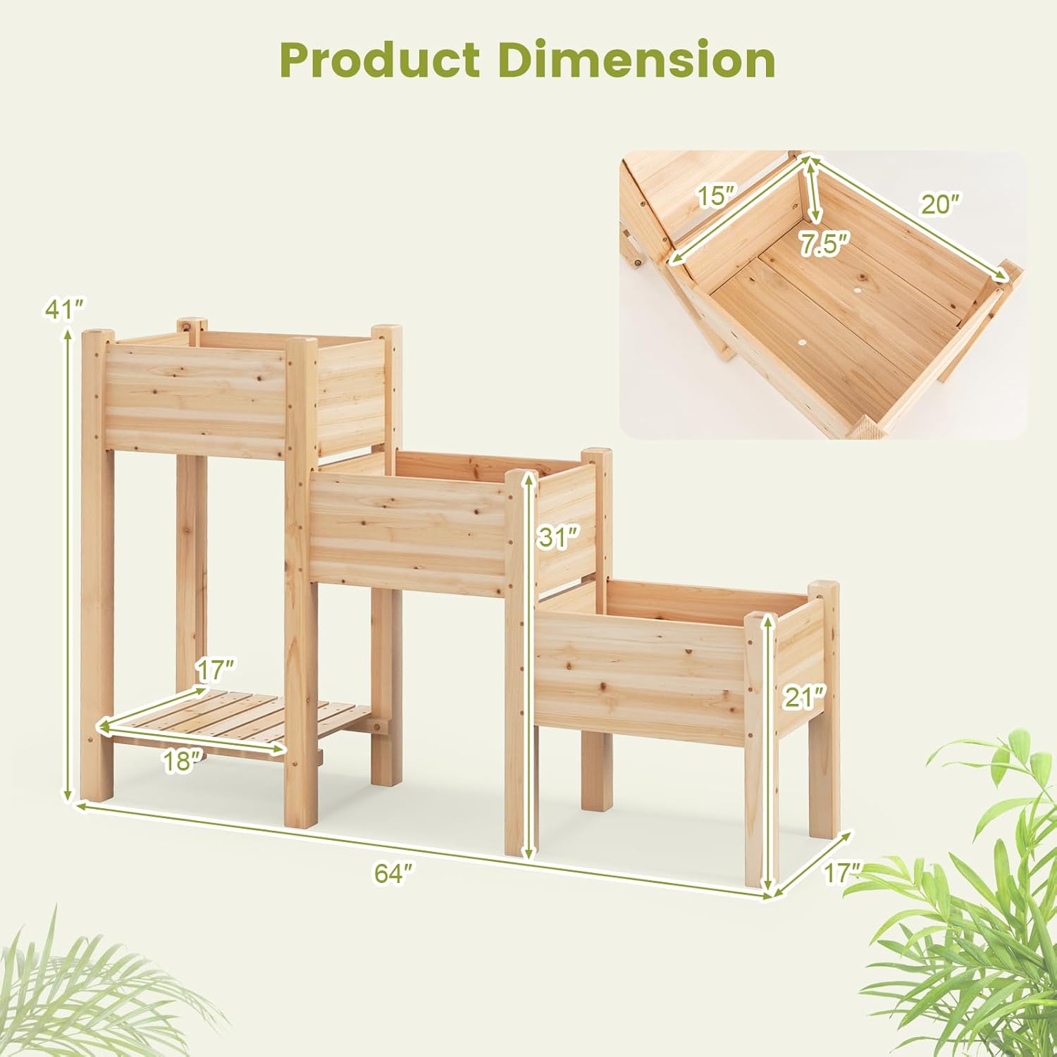 3-Tire Raised Garden Bed, Wooden Raised Planter Box with 3 Planter Boxes, Drainage Holes, Open Storage Shelf, Outdoor Garden Bed with Legs for Plant, Fruit, Vegetable, Flower, Herb