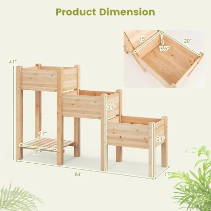3-Tire Raised Garden Bed, Wooden Raised Planter Box with 3 Planter Boxes, Drainage Holes, Open Storage Shelf, Outdoor Garden Bed with Legs for Plant, Fruit, Vegetable, Flower, Herb